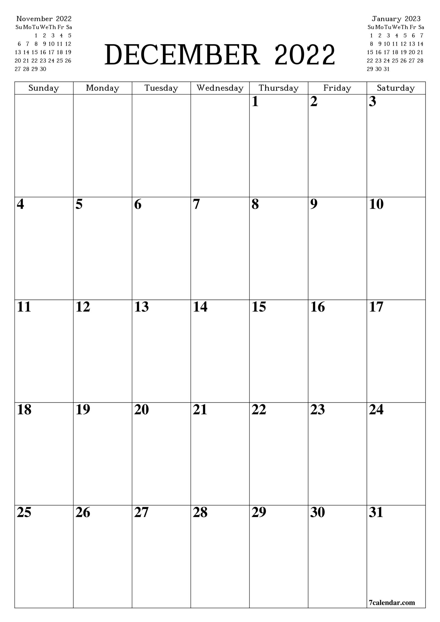 Free Printable Blank Monthly Calendar And Planner For  December 2022 Hindu Calendar