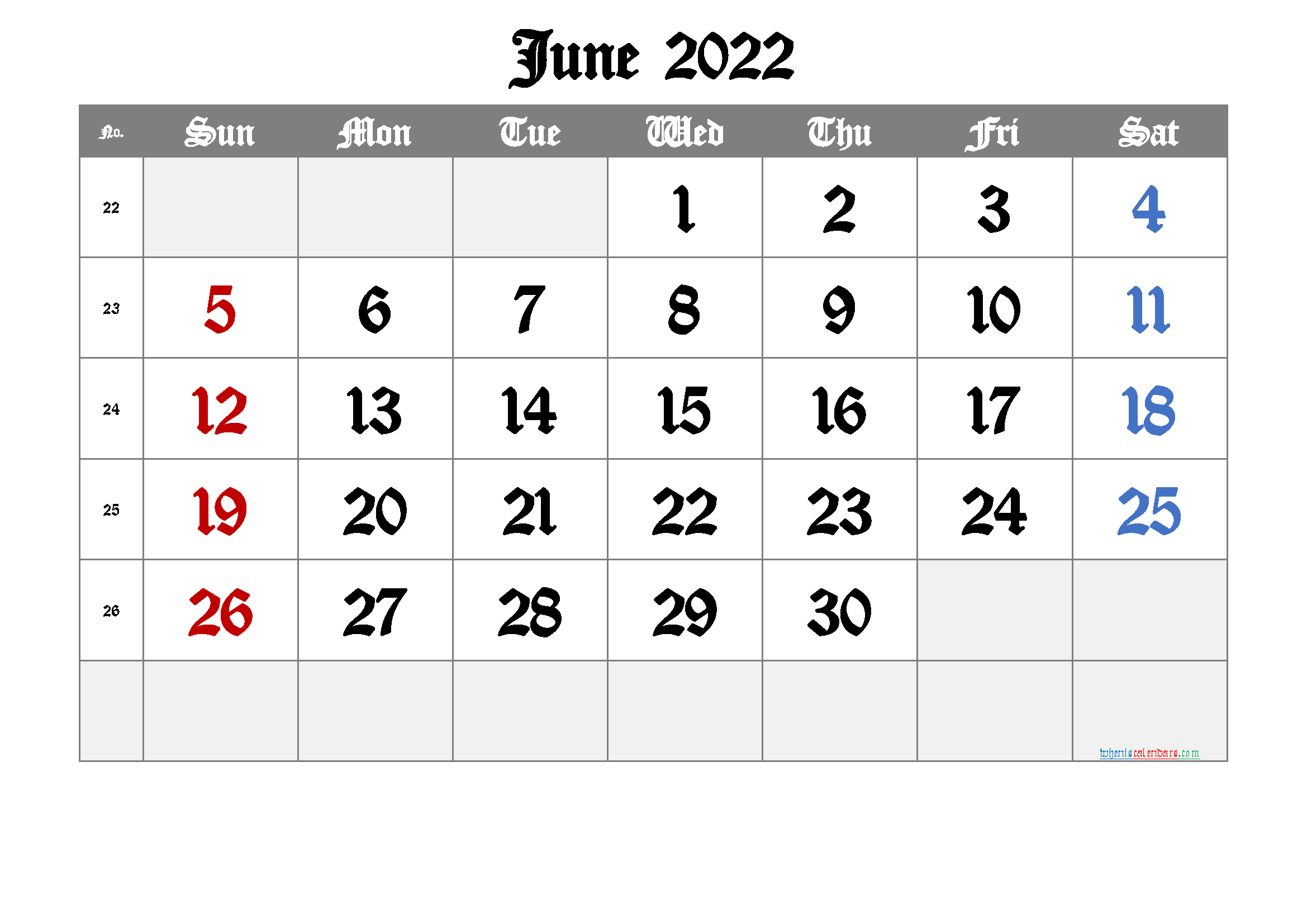 Free Printable Calendar 2022 June  2022 Calendar Printable January To June