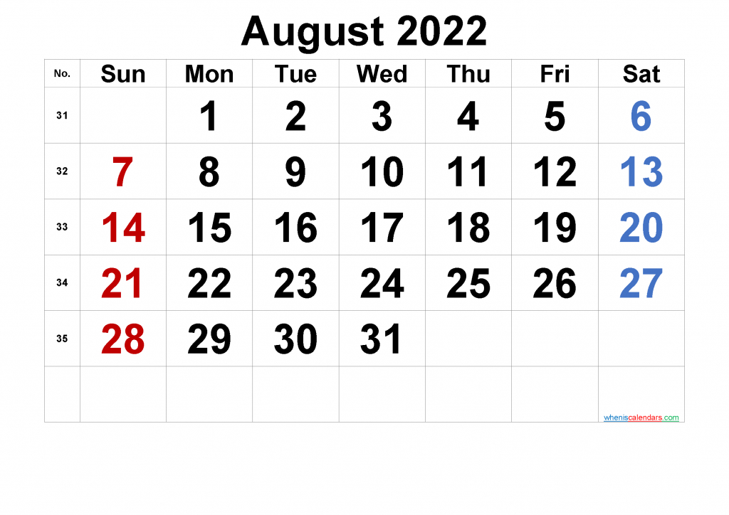 Free Printable Calendar August 2022 With Week Numbers  Printable Calendar 2022 August