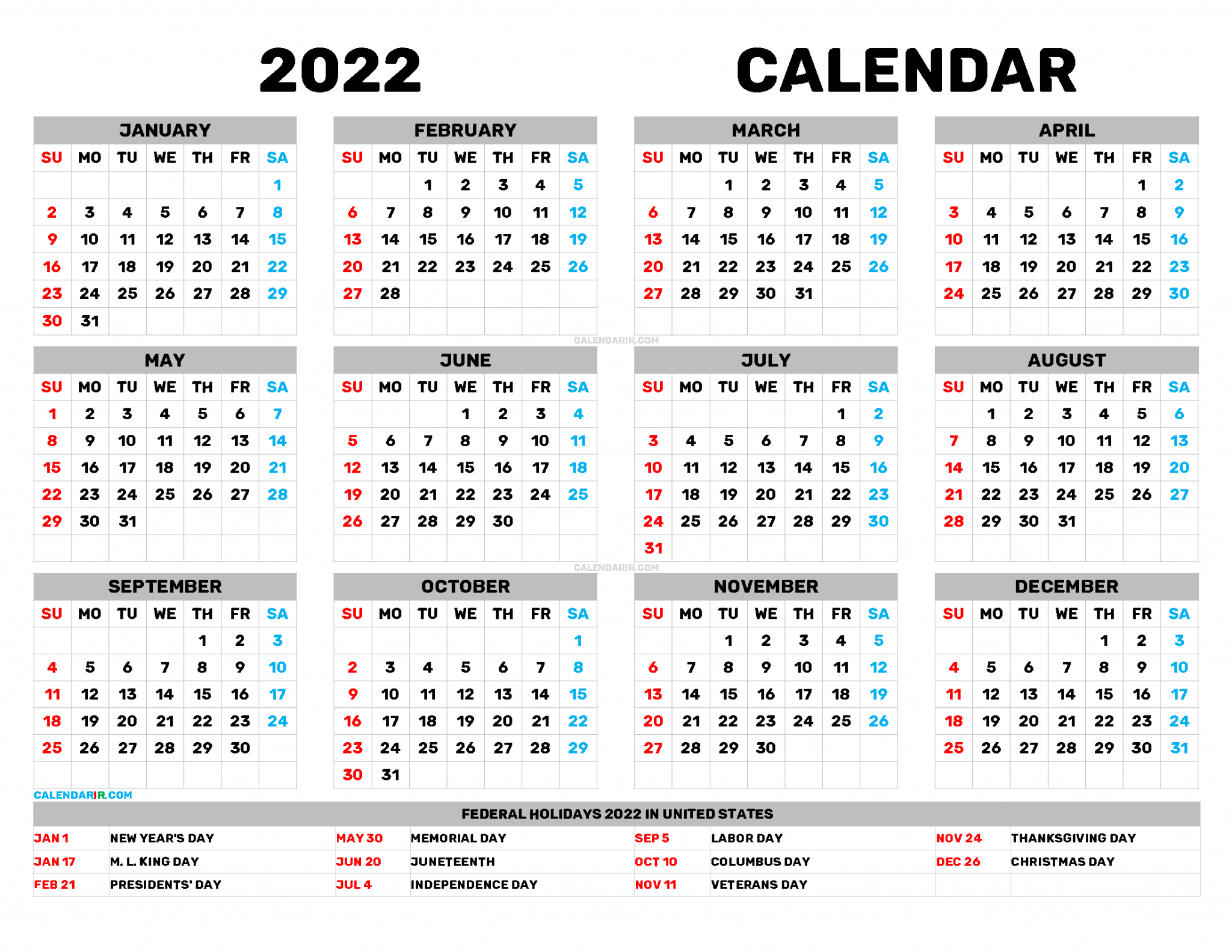 Free Printable Calendar Templates 2022 Pdf, Png  A4 Size Printable Calendar 2022
