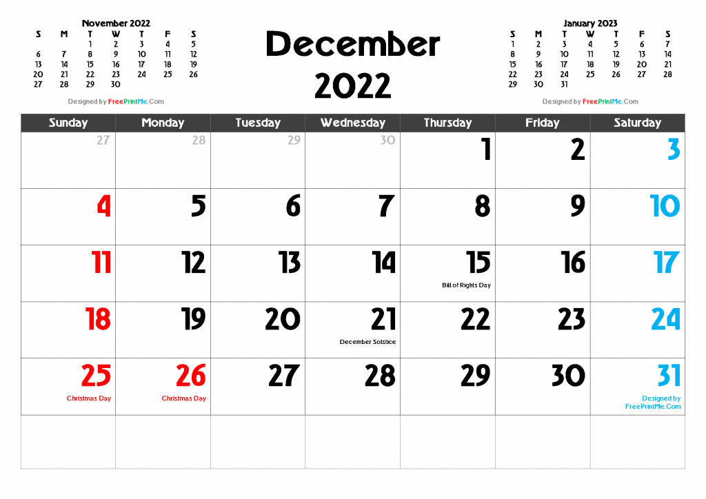 Free Printable December 2022 Calendar Pdf, Png Image  Free Printable Calendar 2022 December