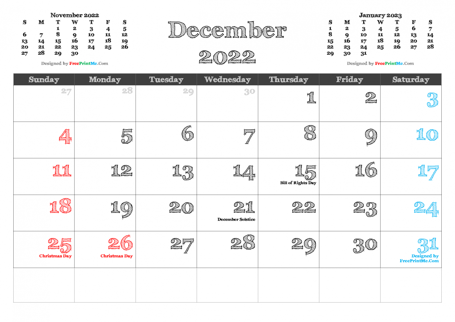 Free Printable December 2022 Calendar Pdf, Png Image  Win Free Printable Calendar 2022