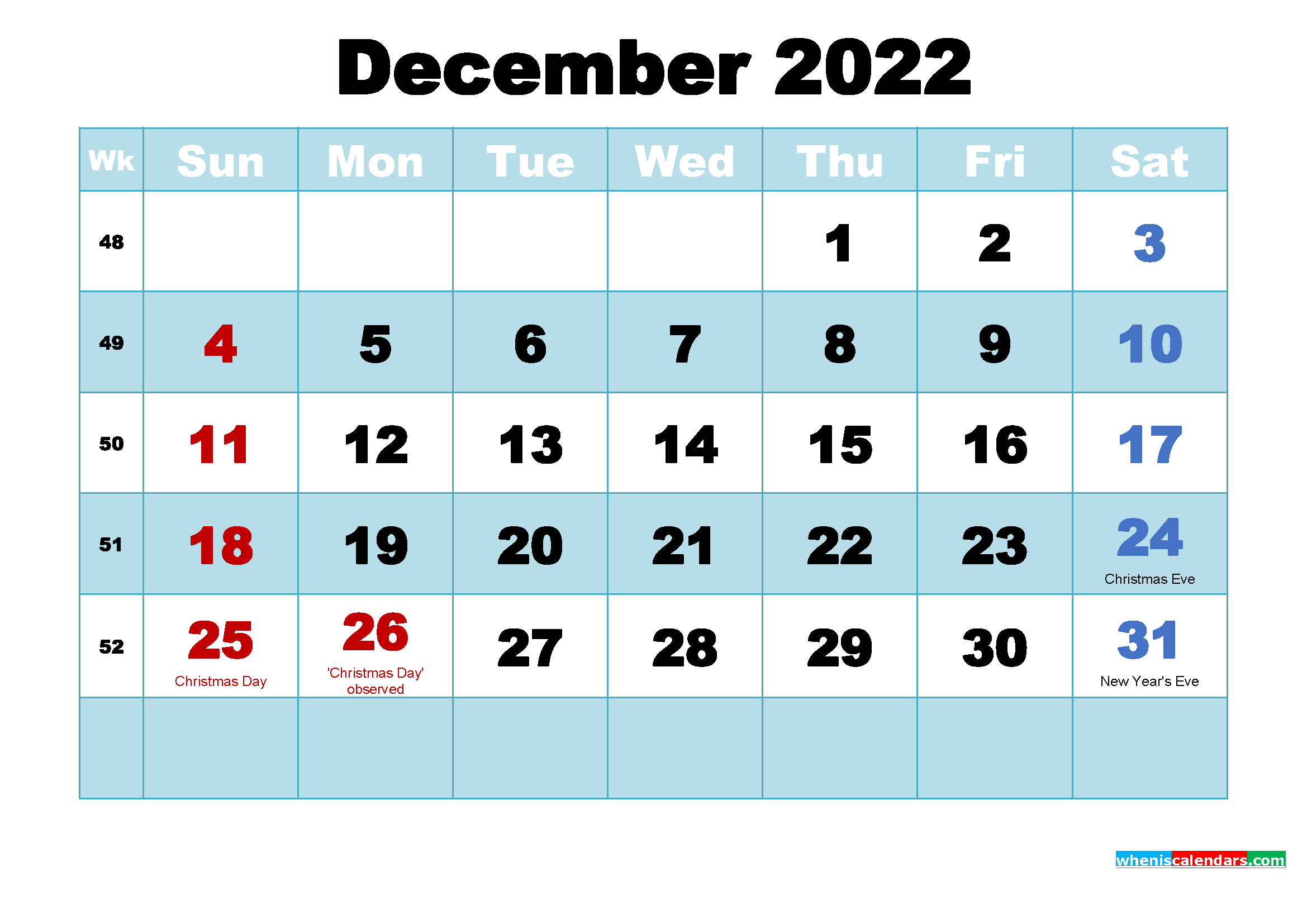 Free Printable December 2022 Calendar With Holidays As  December Printable Calendar 2022