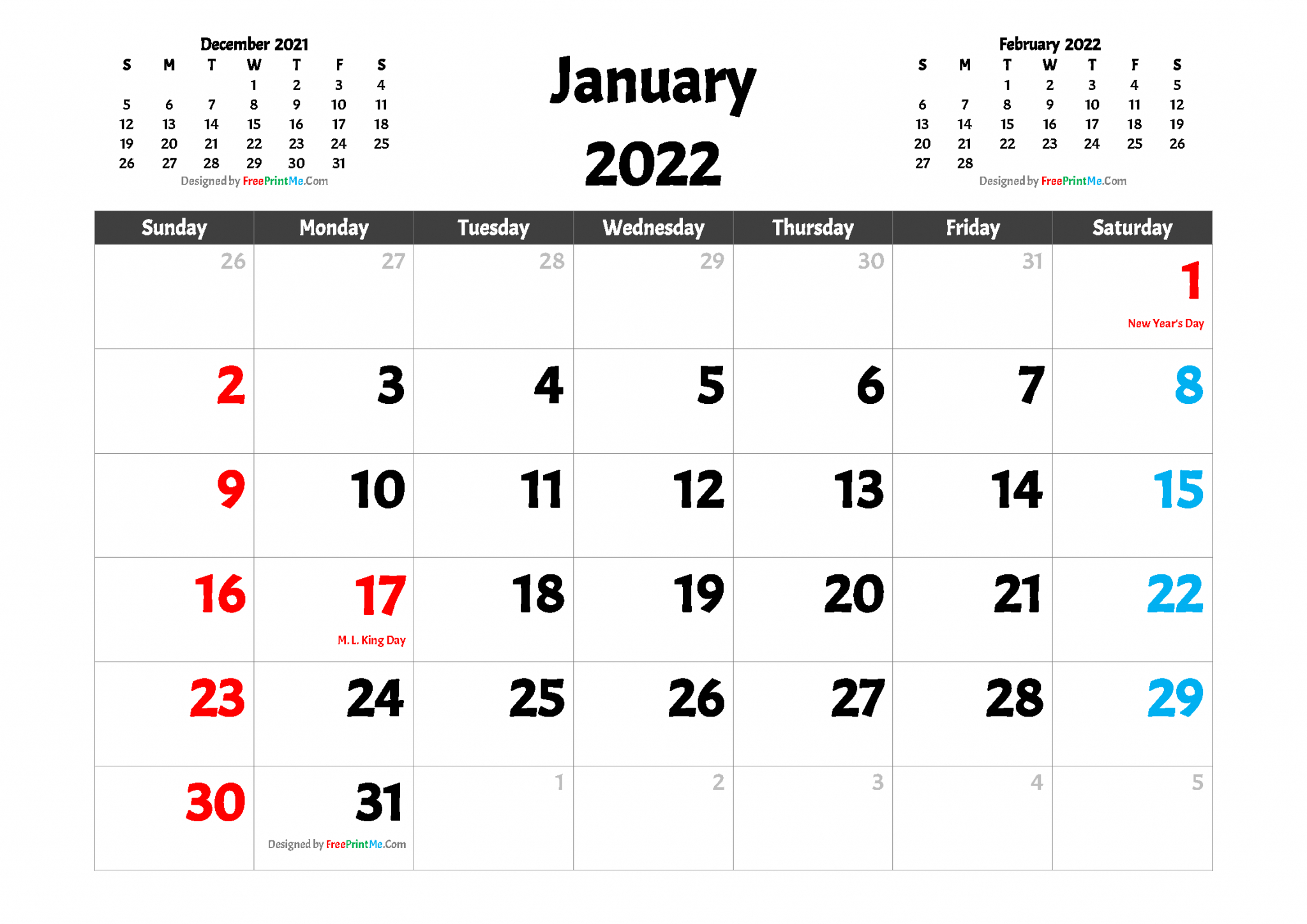 Free Printable January 2022 Calendar With Holidays - 2022  Large Printable Calendar 2022