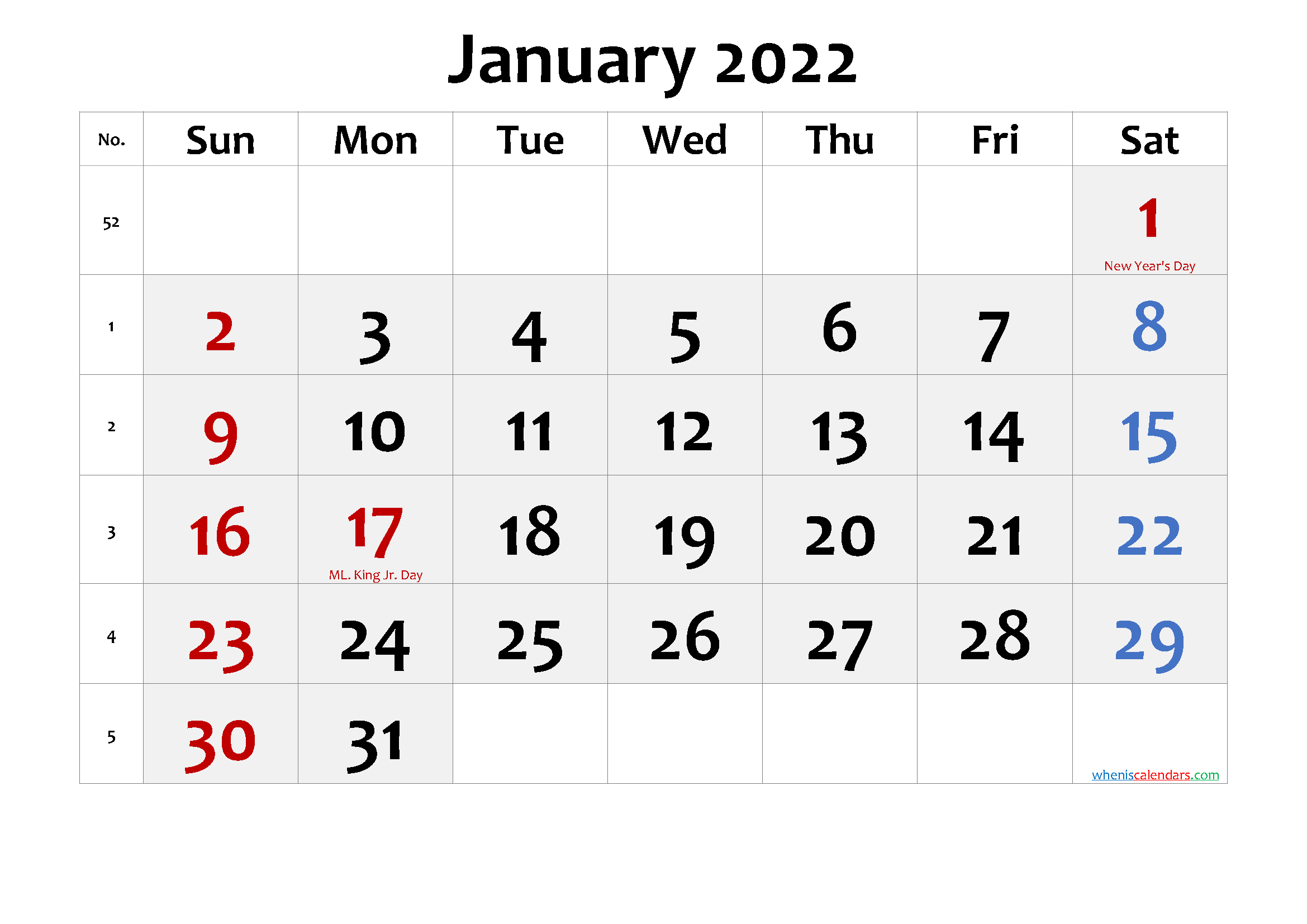 Free Printable January 2022 Calendar With Holidays - Free  How Many Weeks From April 2022 To March 2022
