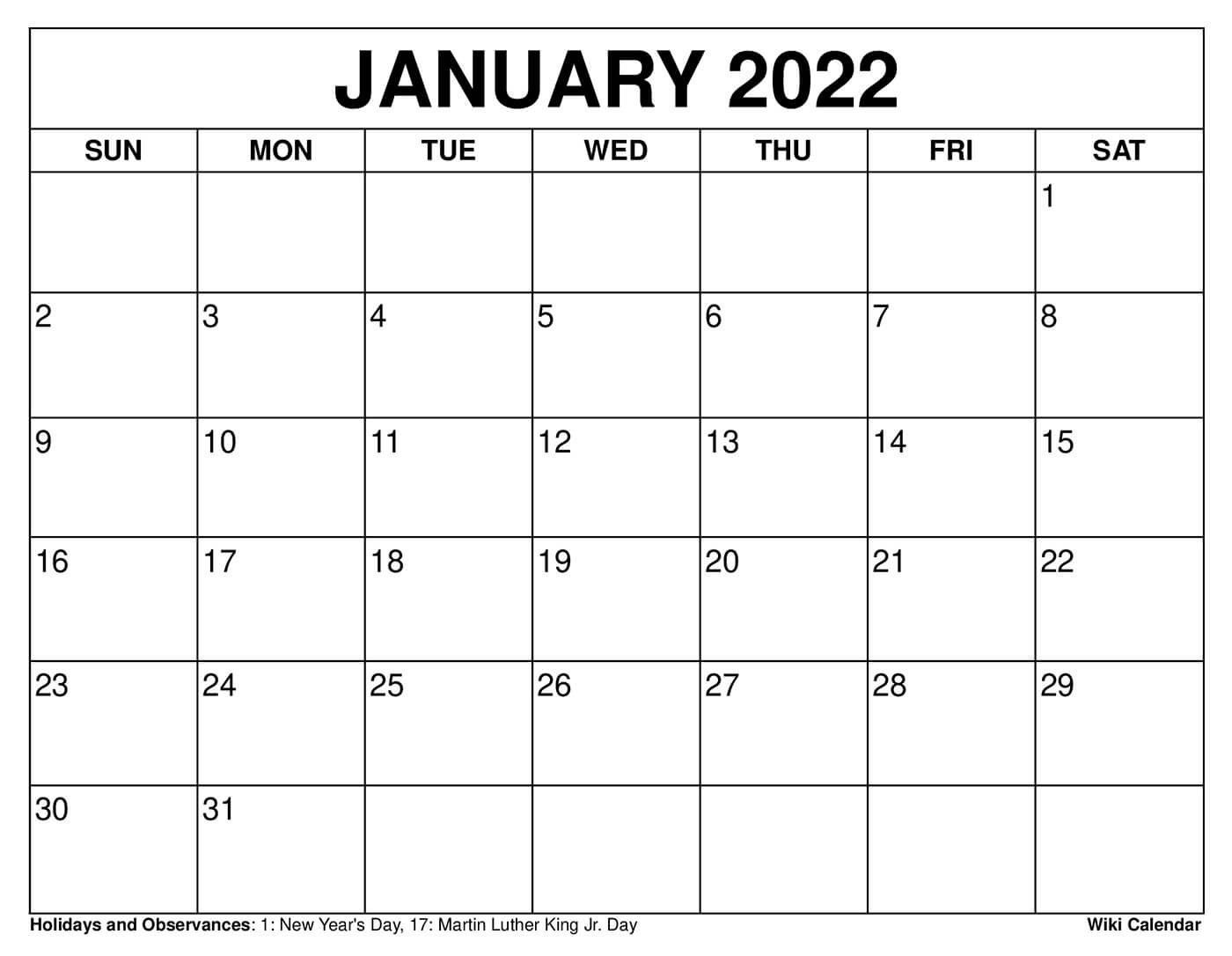 Free Printable January 2022 Calendars  Wiki Printable Calendar 2022
