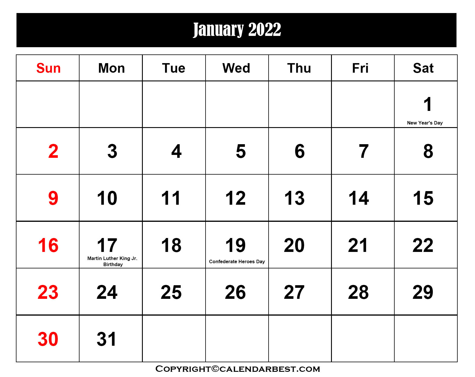 Free Printable January Calendar 2022 With Holidays  August 2022 To January 2022 Calendar