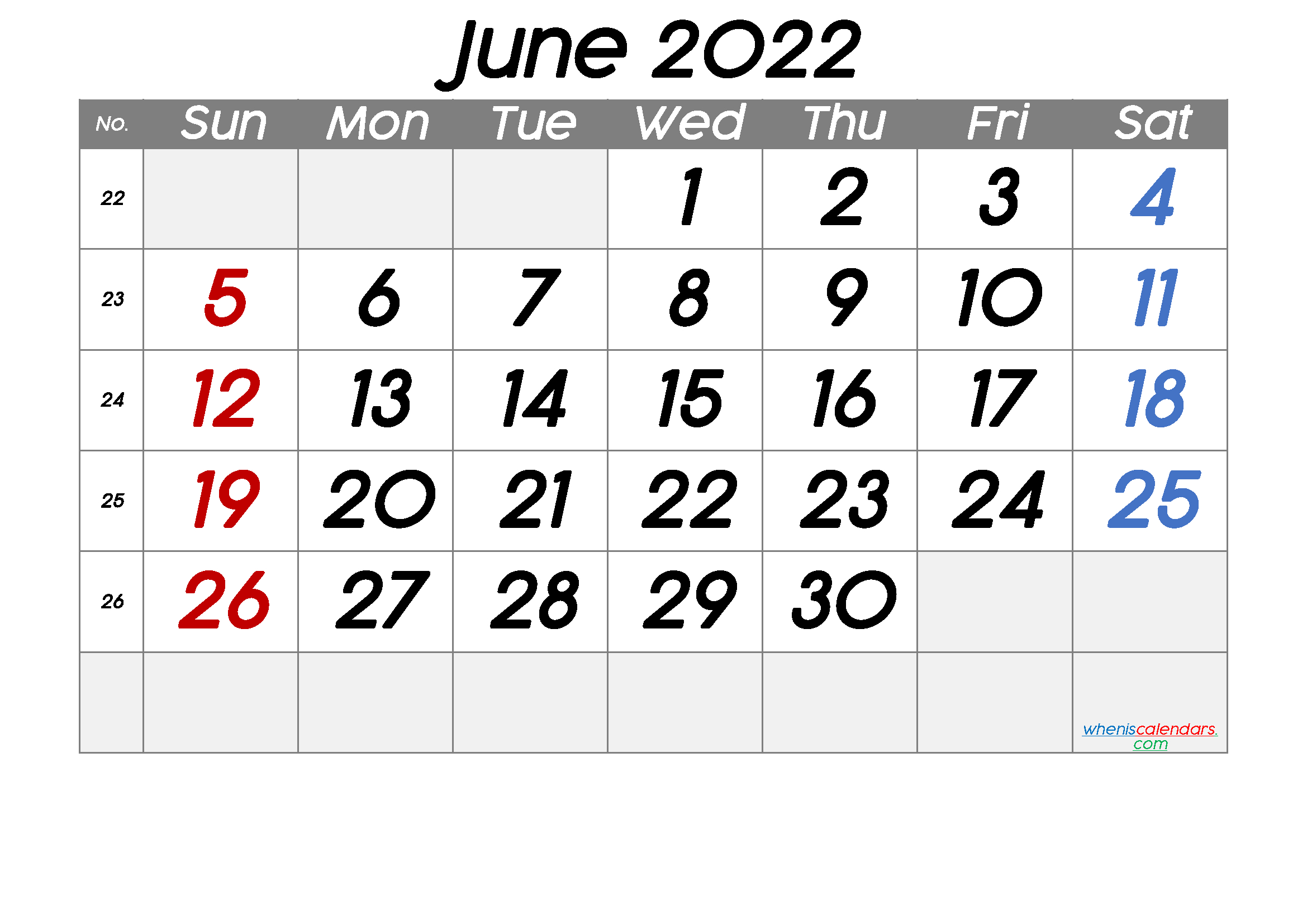 Free Printable June 2022 Calendar With Week Numbers  June Calendar For 2022