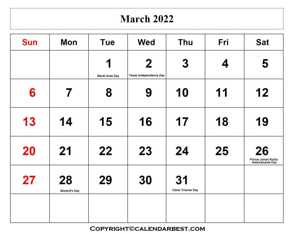 Free Printable March Calendar 2022 With Holidays In Pdf  March April 2022 Calendar