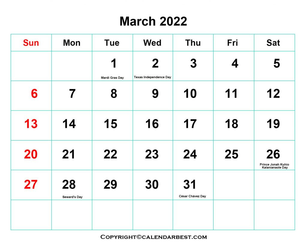 Free Printable March Calendar 2022 With Holidays In Pdf  Year Calendar April 2022 To March 2022