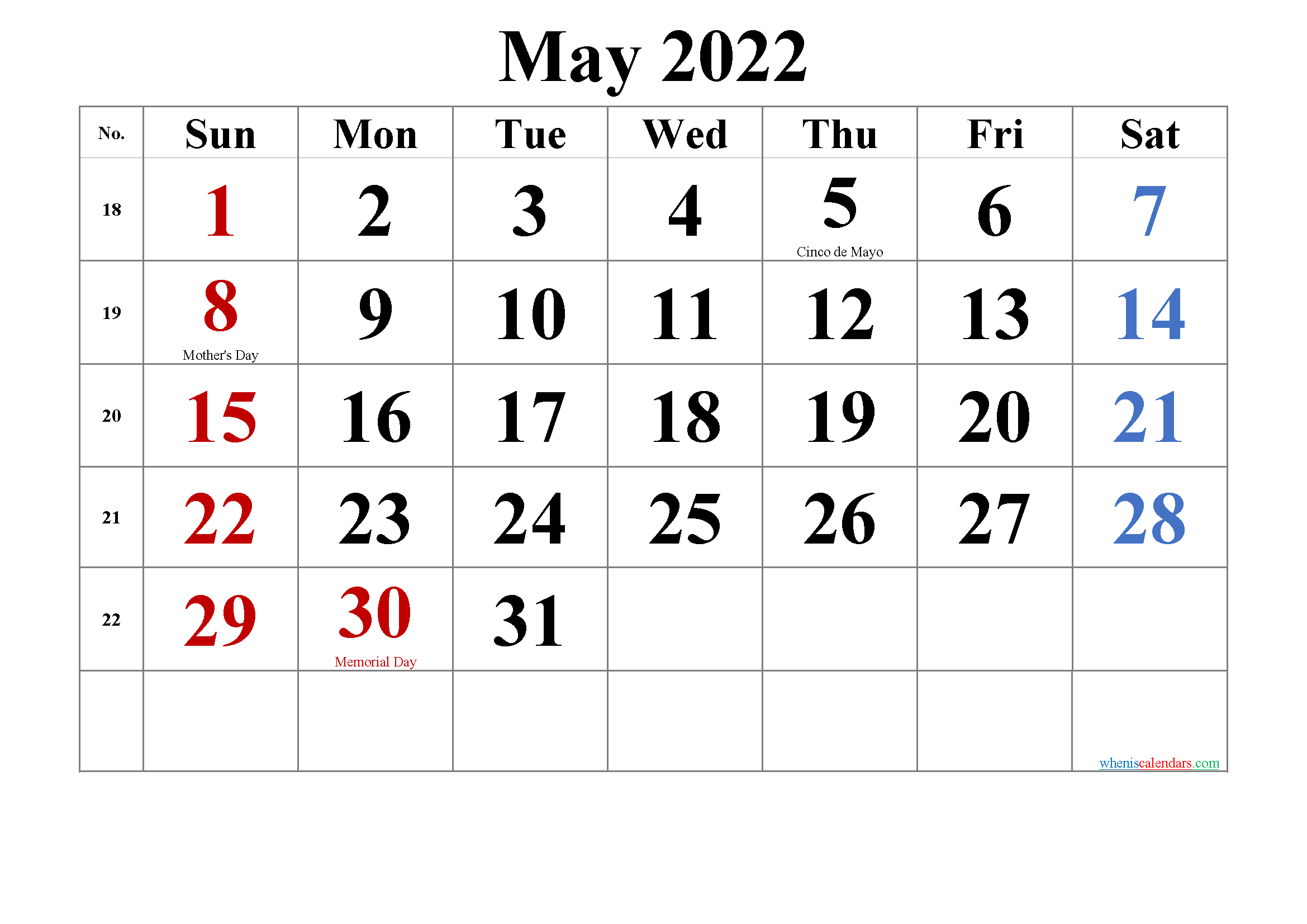 Free Printable May 2022 Calendar  Calendar For 2022 May