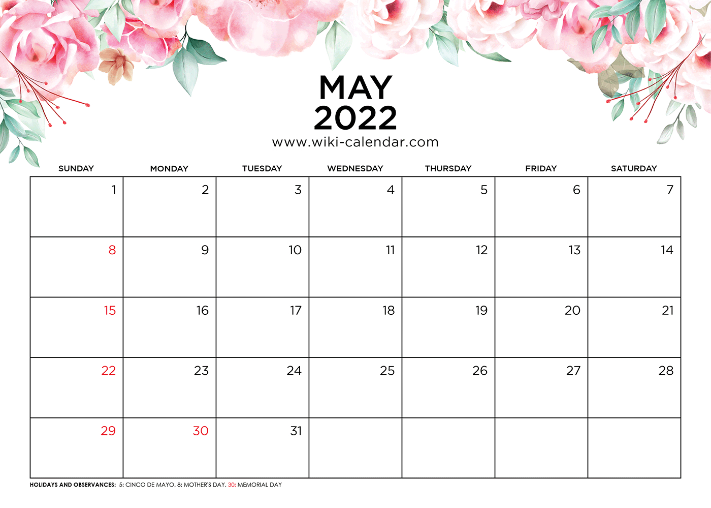 Free Printable May 2022 Calendars  2022 Calendar Printable Wiki