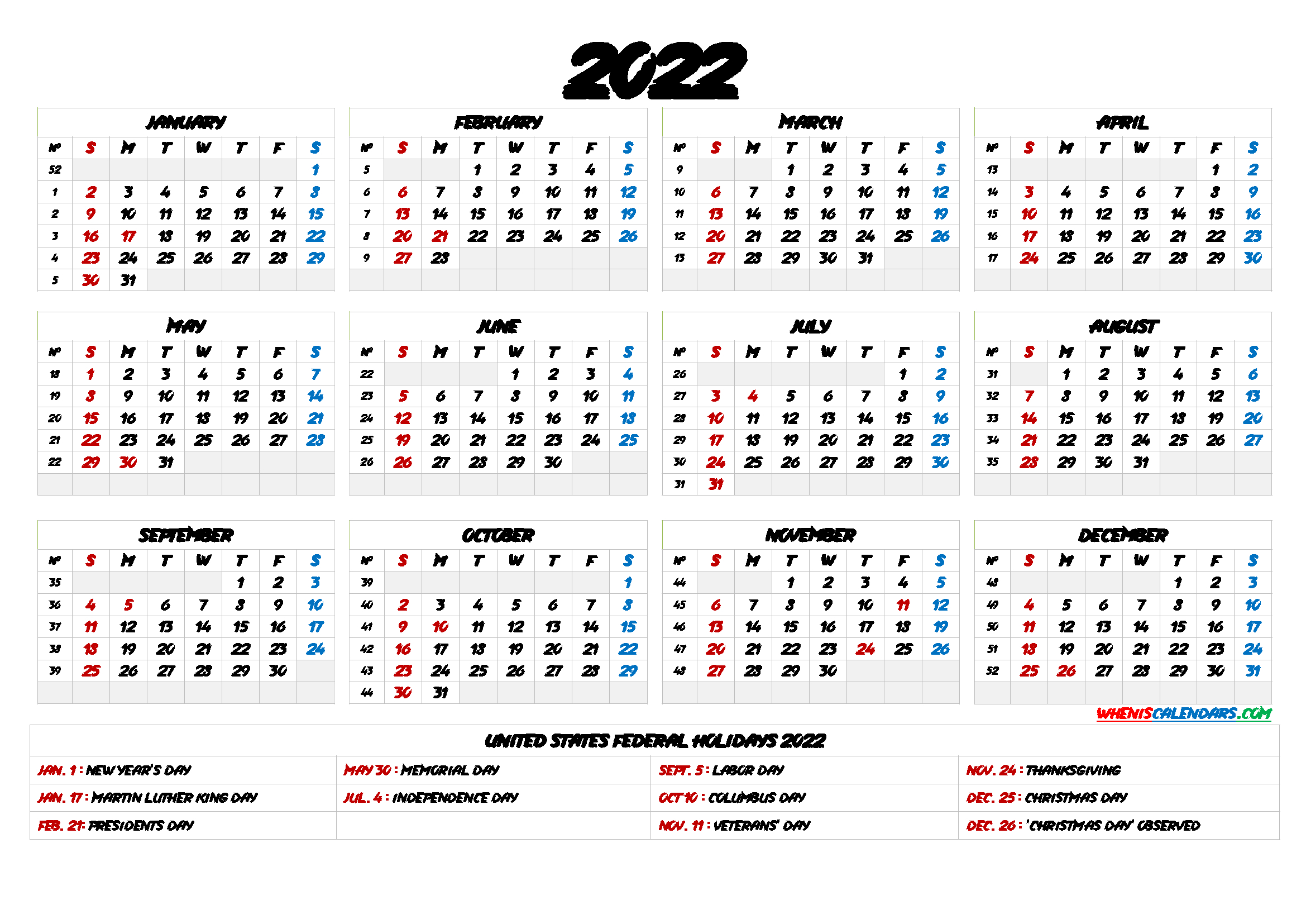 Free Printable Monthly Calendar 2022 With Holidays  2022 United States Government Calendar Printable