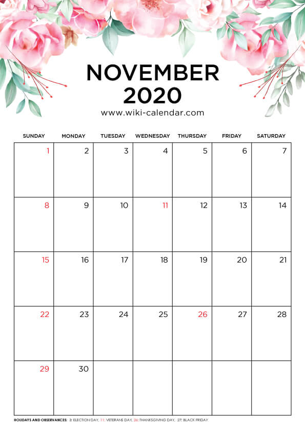Free Printable November 2020 Calendar - Wiki-Calendar  Wiki Printable Calendar 2022