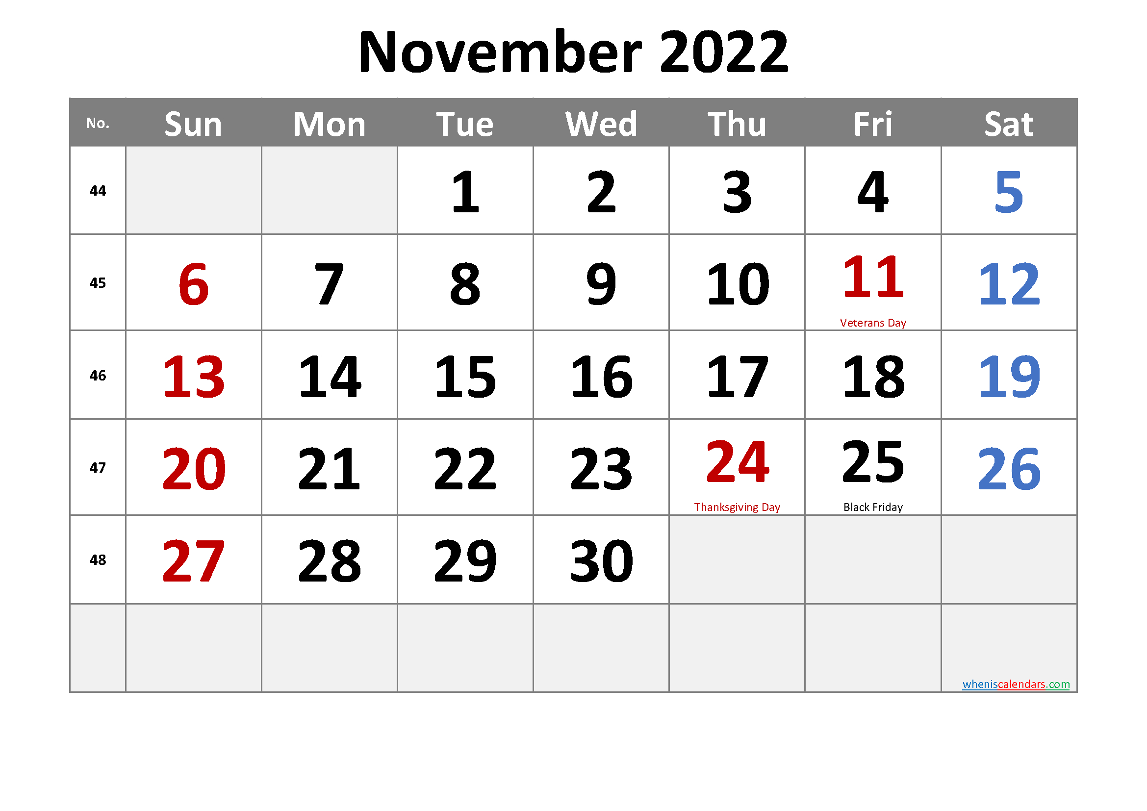 Free Printable November 2022 Calendar With Holidays  Free Printable Calendar 2022 November