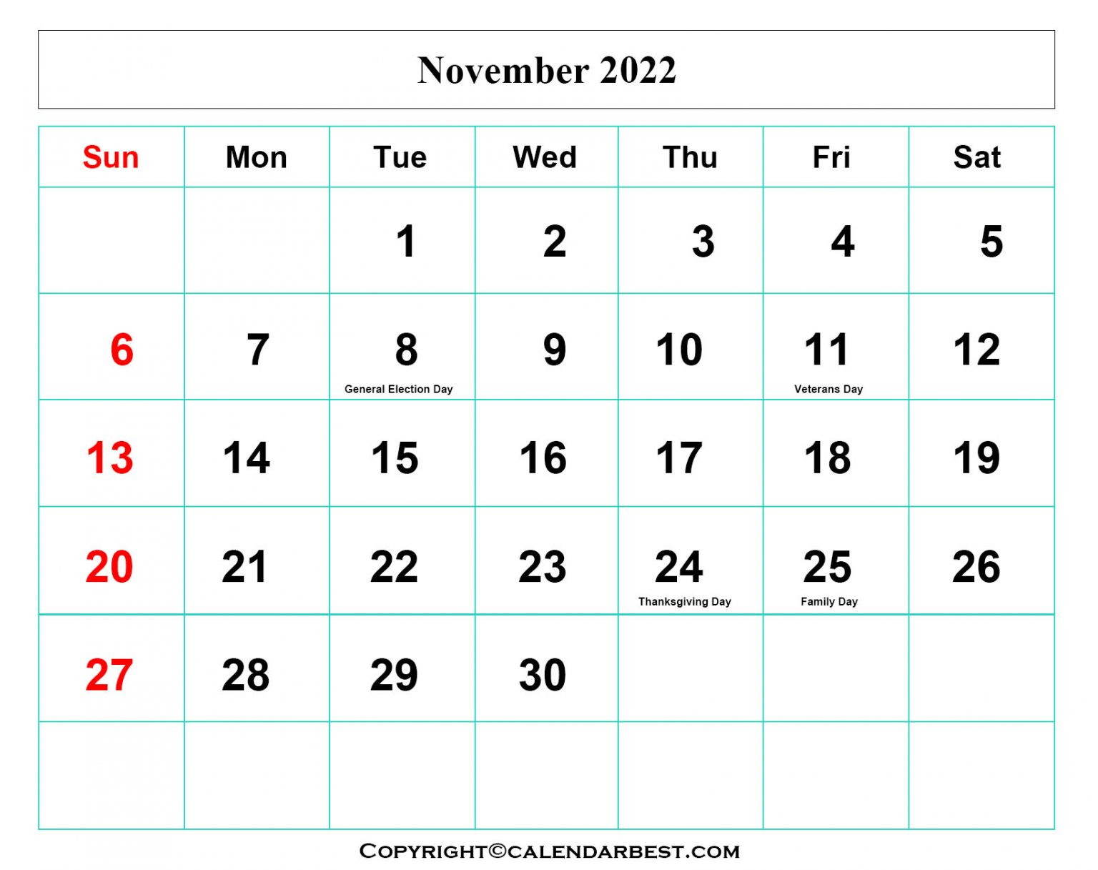 Free Printable November Calendar 2022 With Holidays  November 2022 - June 2022 Calendar