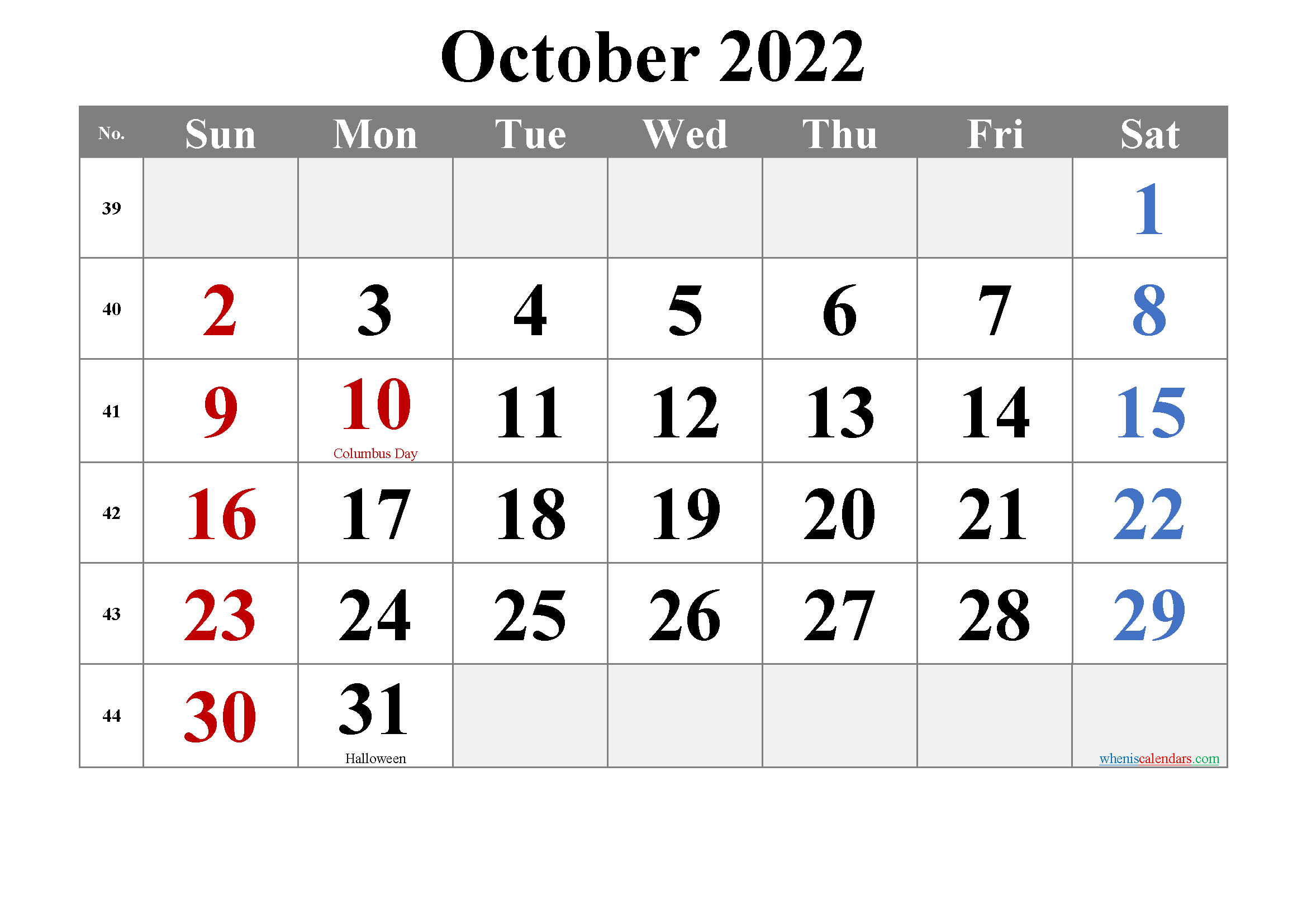 Free Printable October 2022 Calendar With Holidays  October 2022 Calendar Printable