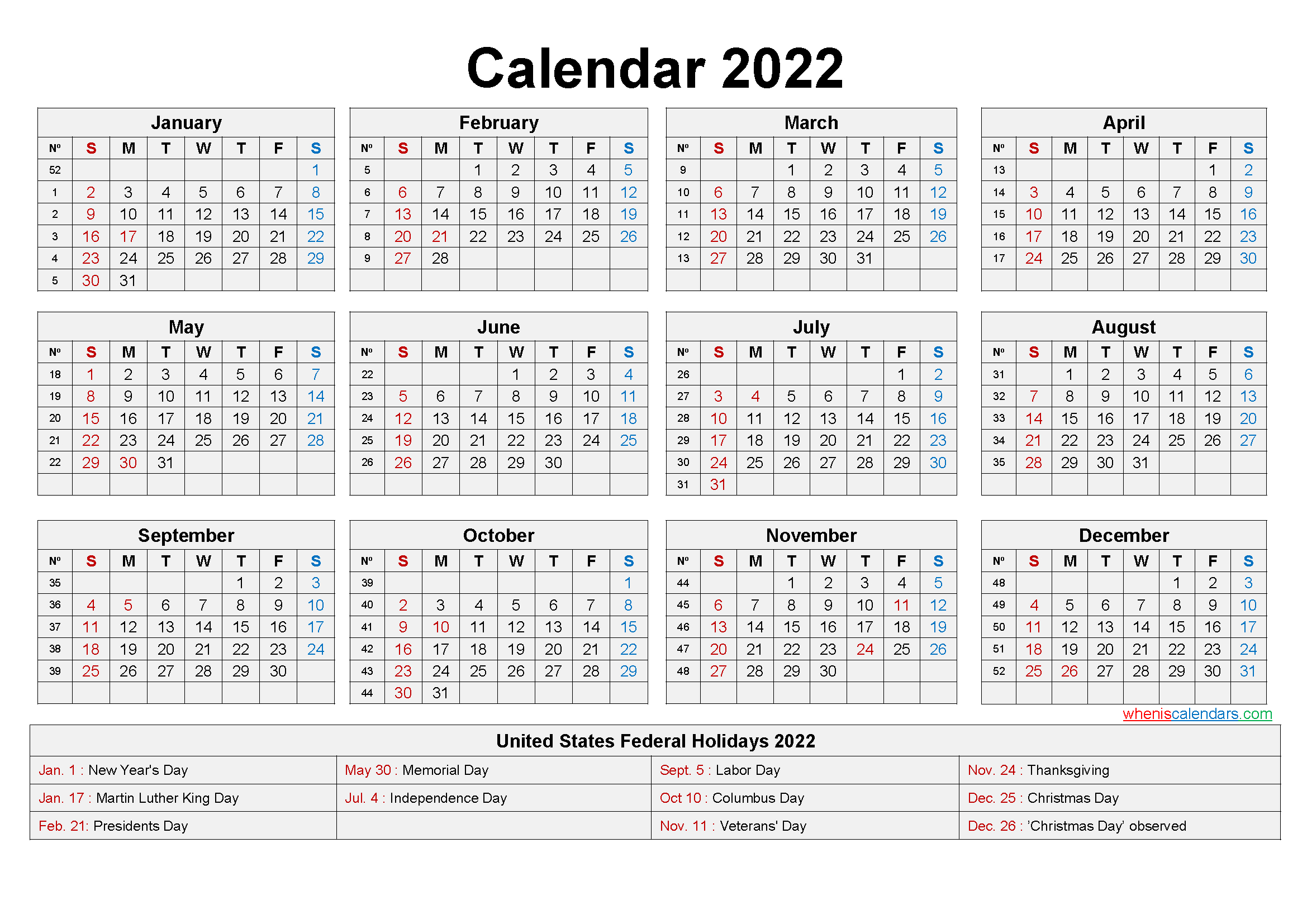 Free Printable Yearly 2022 Calendar With Holidays As Word, Pdf  Free Printable Calendar 2022 Plants