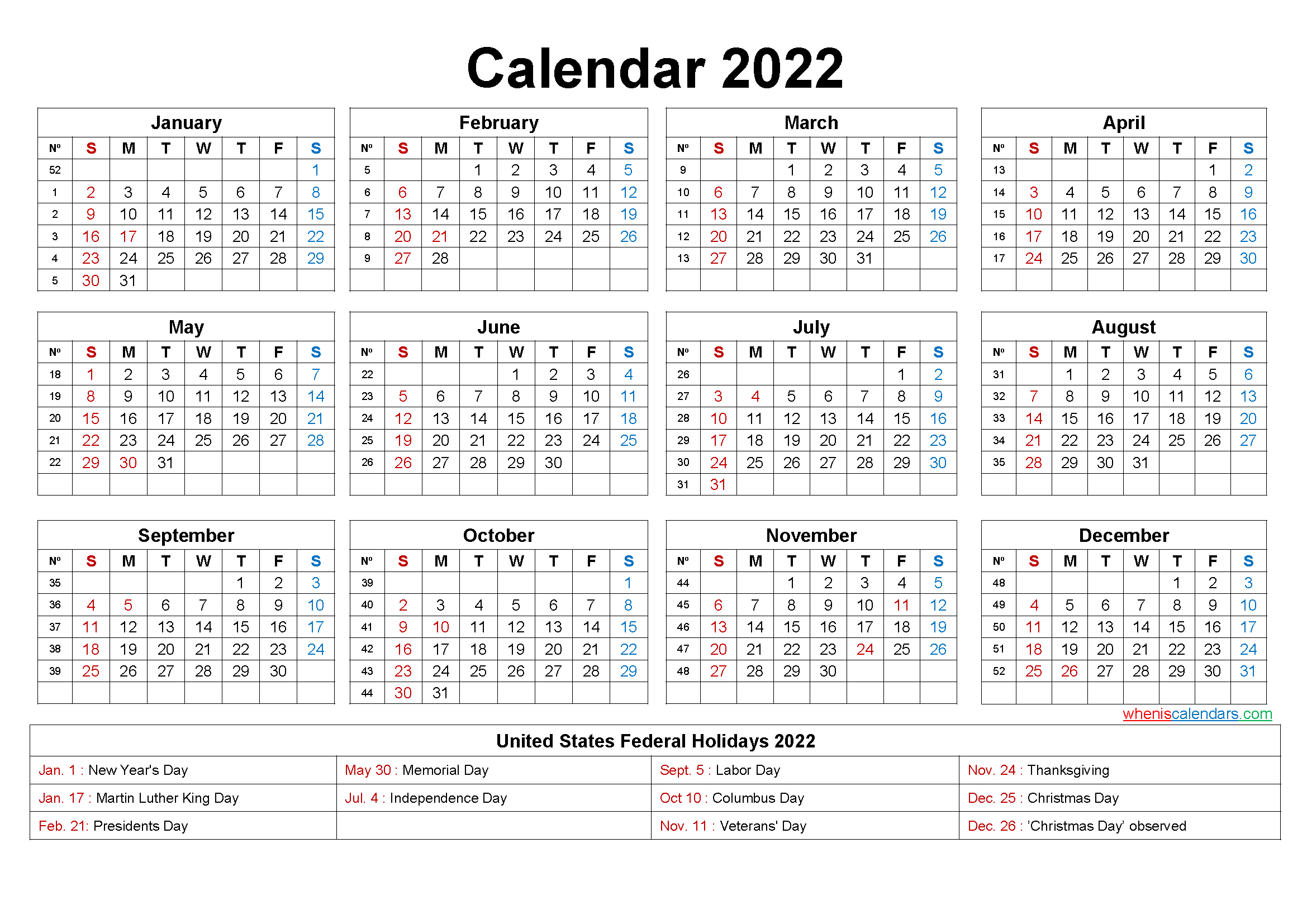 Free Yearly 2022 Calendar With Holidays Word, Pdf  2022 Calendar Printable One Page Pdf
