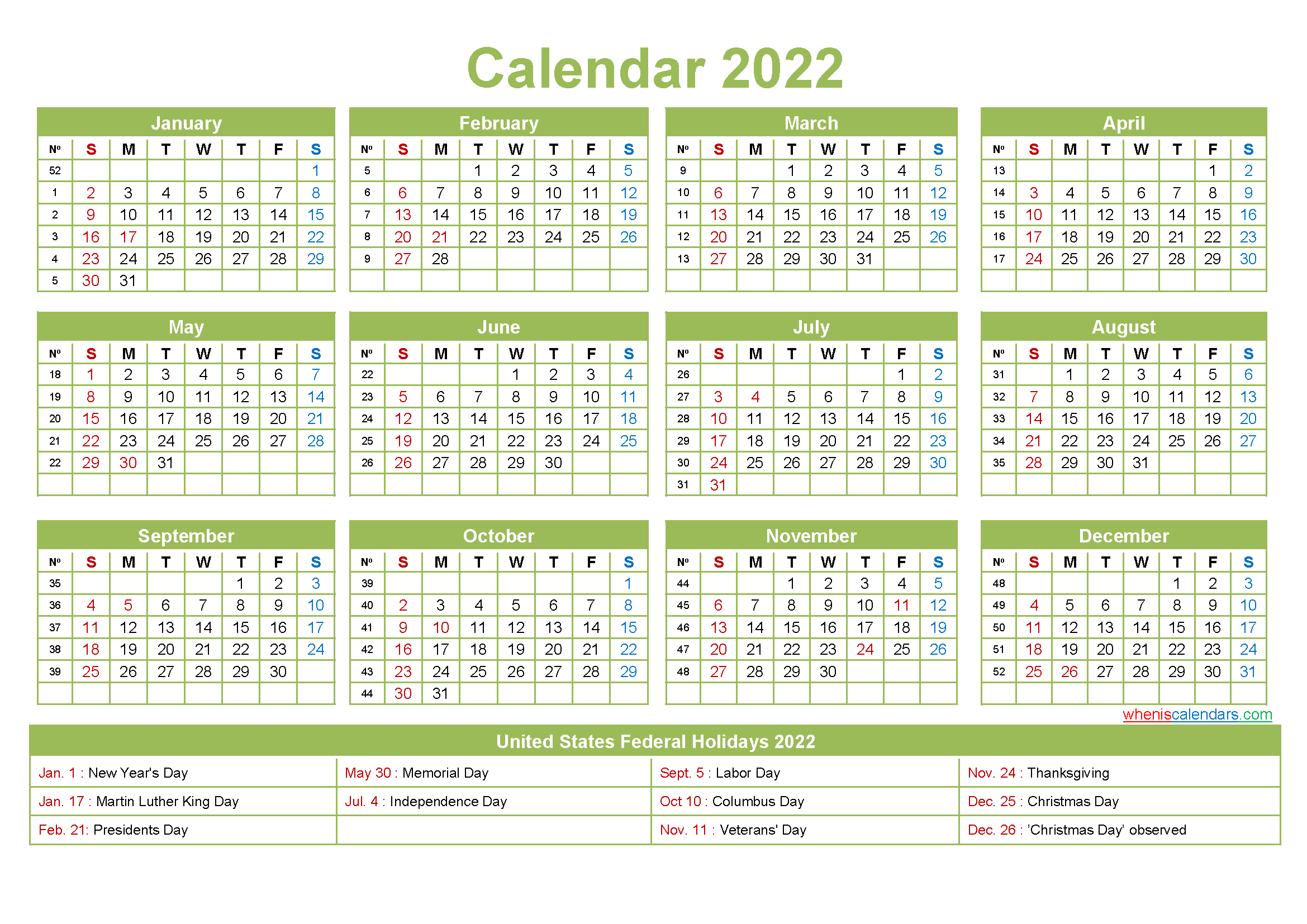 Free Yearly 2022 Calendar With Holidays Word, Pdf | Free  2022 Calendar Printable One Page Pdf