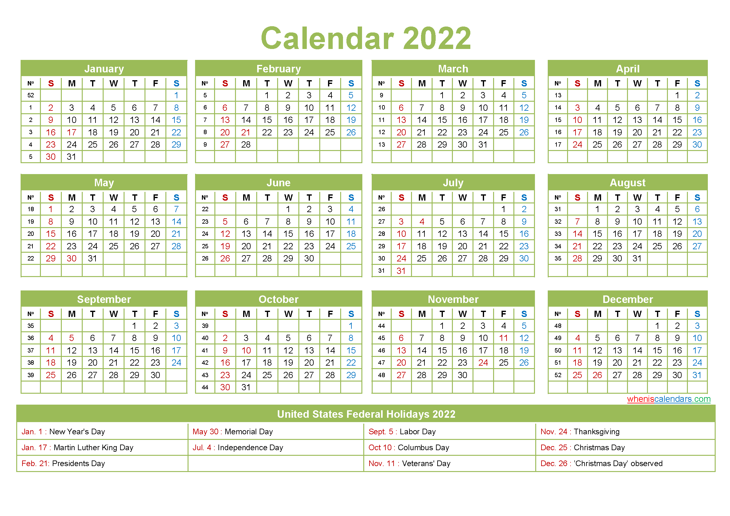 Free Yearly 2022 Calendar With Holidays Word, Pdf | Free  Calendar 2022 Government Holidays