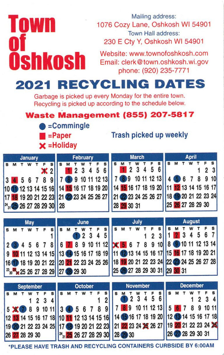 Garbage And Recycle | Town Of Oshkosh, Winnebago County  Recycling Calendar For 2022