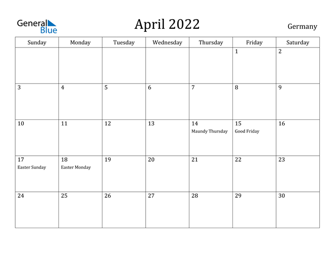 Germany April 2022 Calendar With Holidays  Blank April 2022 Calendar Printable