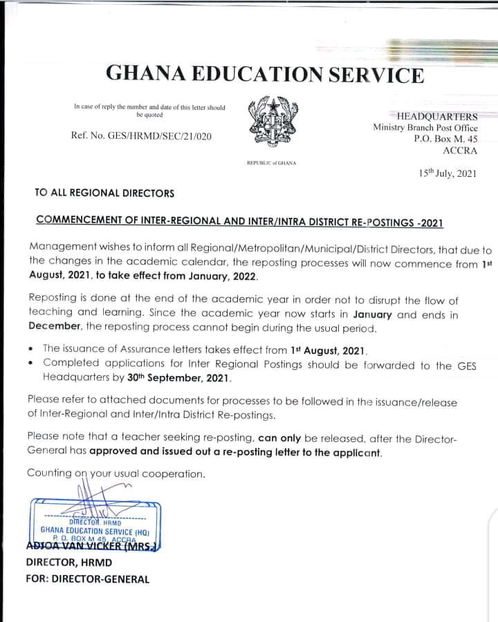 Ges: Inter-Regional And Inter/Intra District Re-Postings  Ges Academic Calendar For 2022