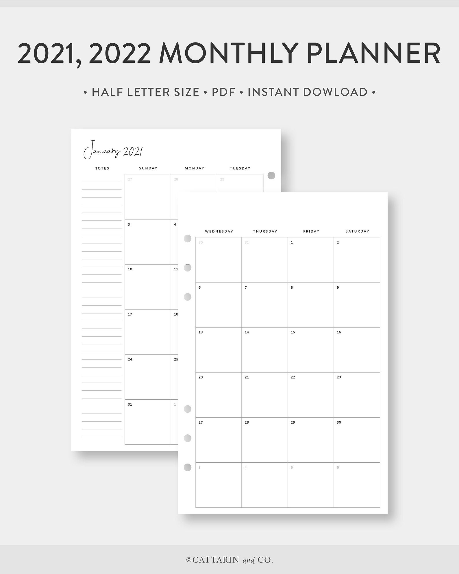 Half 2021 2022 Monthly Planner Printable Calendar Month On  Printable Calendar 2022 Half Page