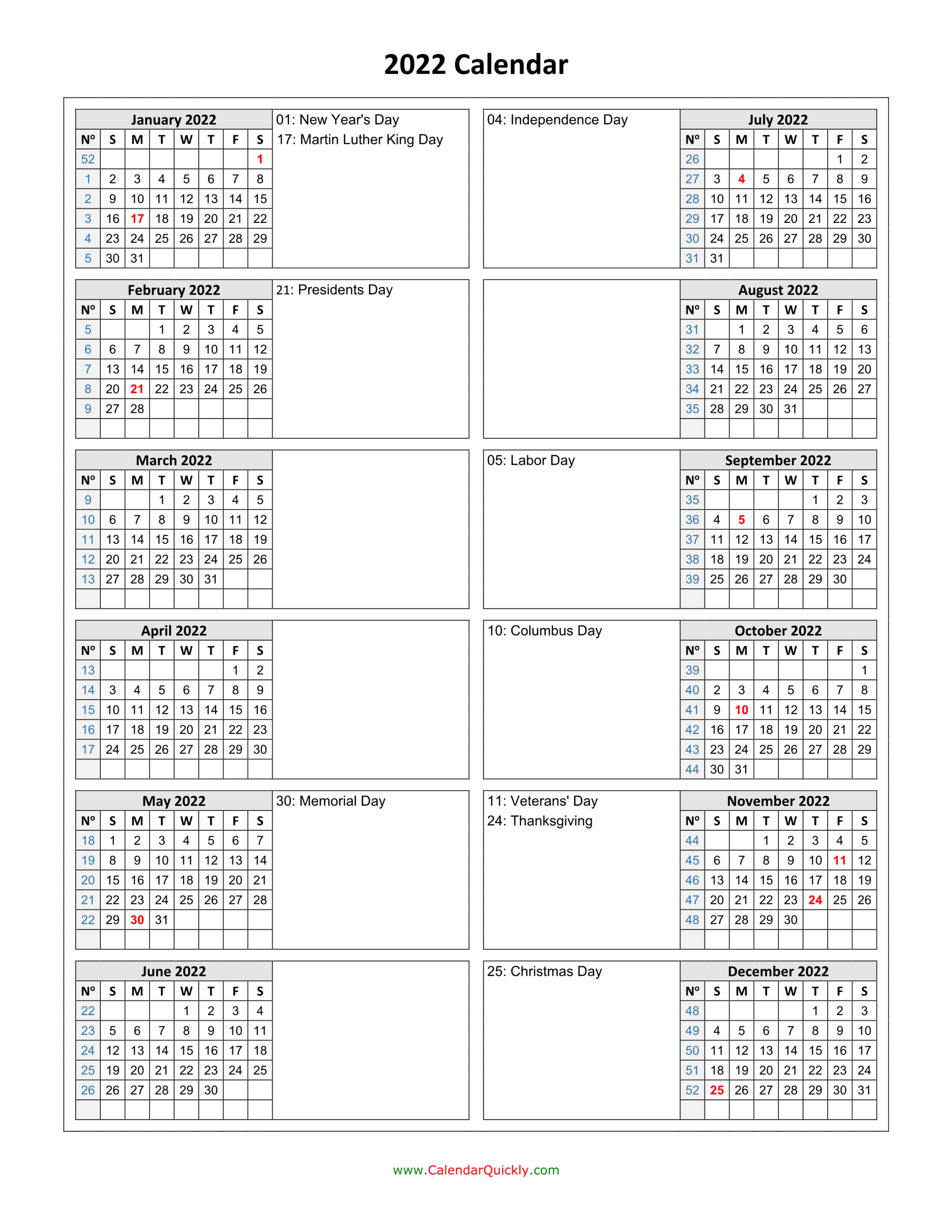 Holidays Calendar 2022 Vertical | Calendar Quickly  2022 Printable Calendar One Page Per Month