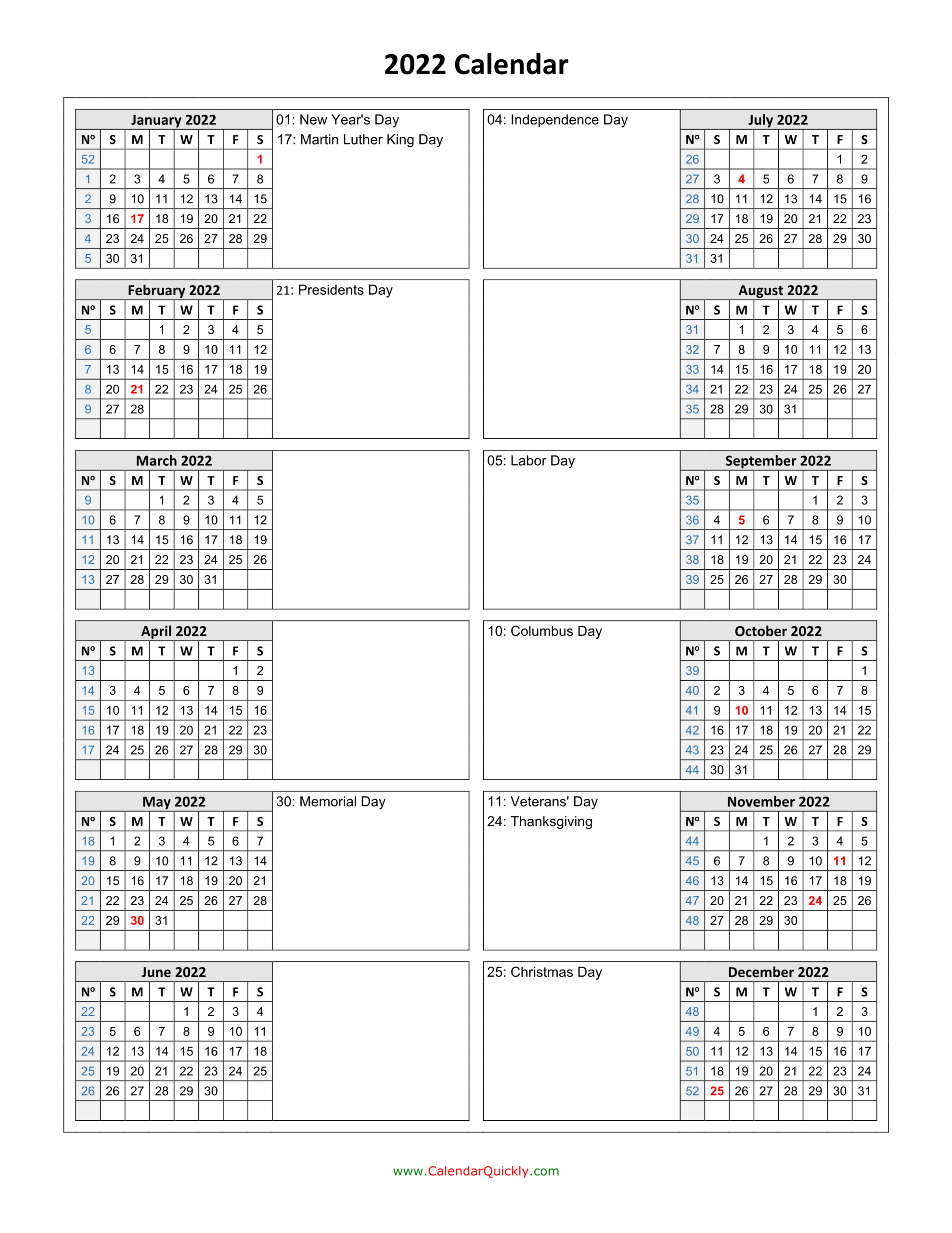 2022 Printable Calendar One Page Per Month Template Calendar Design