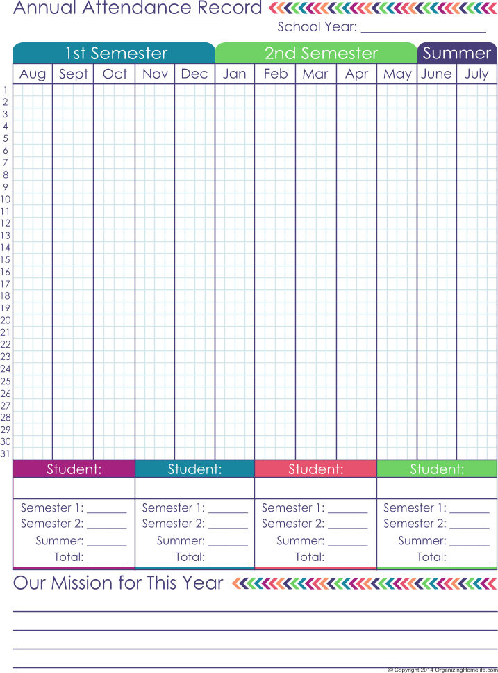 Homeschool Planner - The Original - Organizing Homelife  2022 Attendance Calendar Template Free