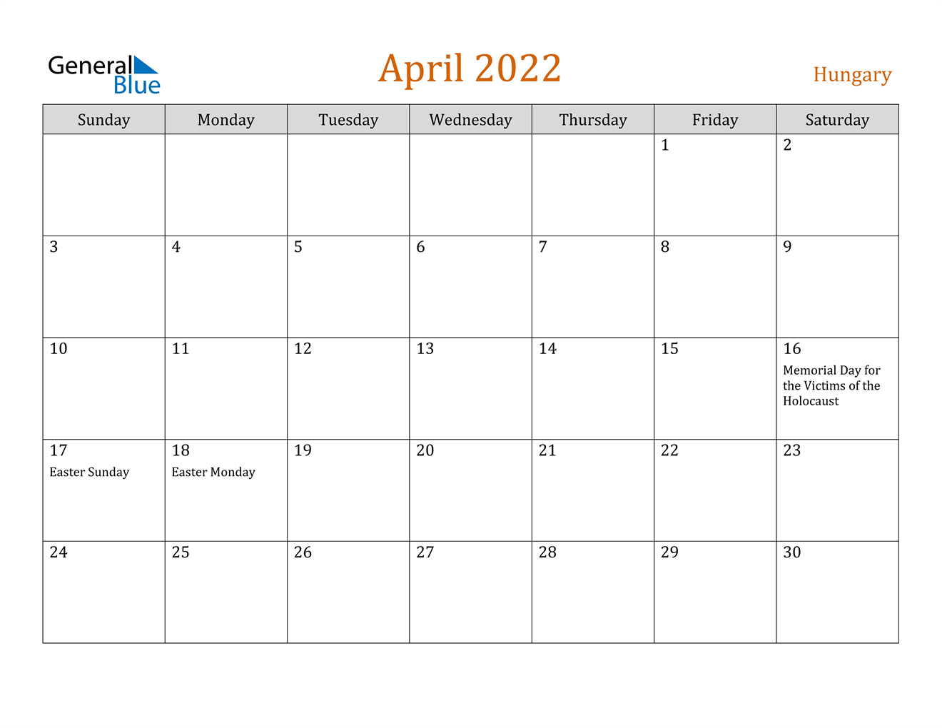 Hungary April 2022 Calendar With Holidays  November 2022 - April 2022 Calendar