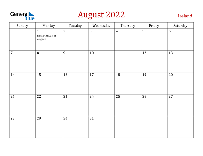 Ireland August 2022 Calendar With Holidays  2022 Calendar Printable Ireland