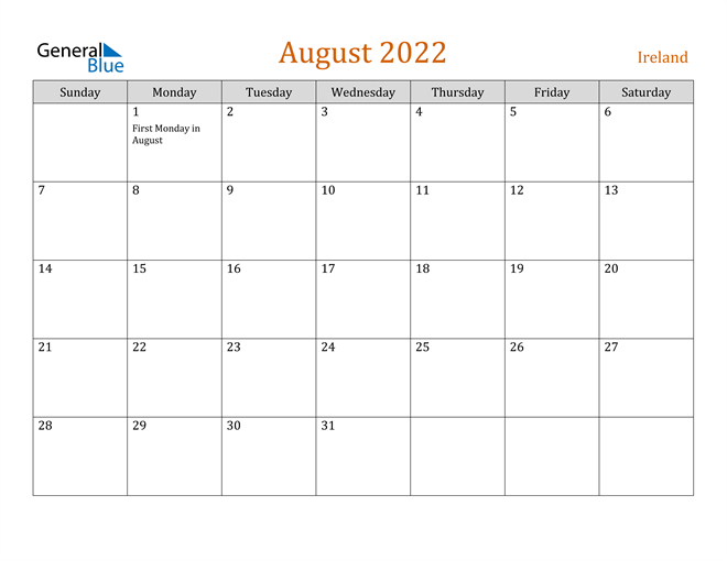 Ireland August 2022 Calendar With Holidays  November 2022 Calendar Editable