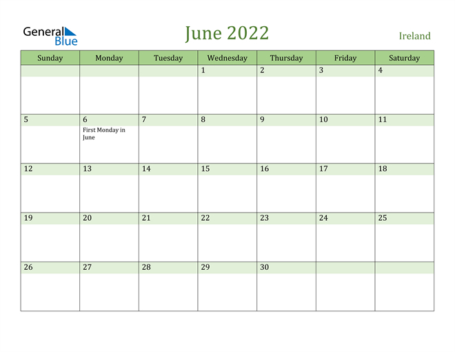 Ireland June 2022 Calendar With Holidays  Calendar For June 2022 With Holidays
