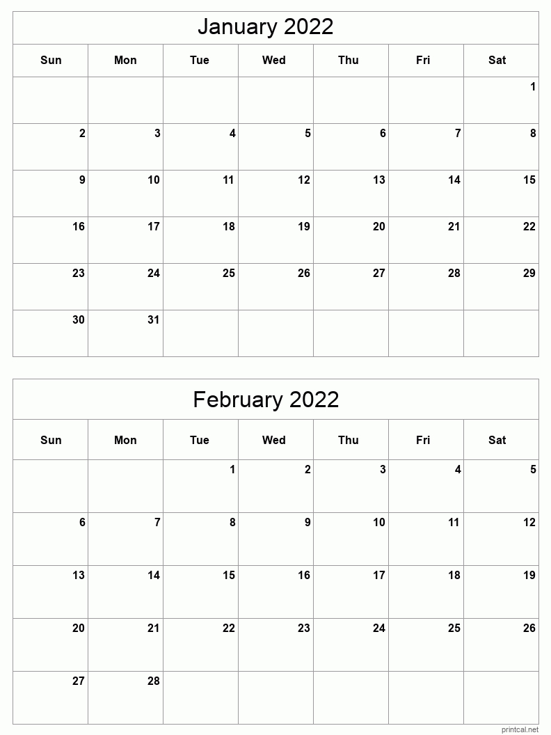 Jan-Feb 2022 Printable Calendar | Two Months Per Page  February March April 2022 Calendar