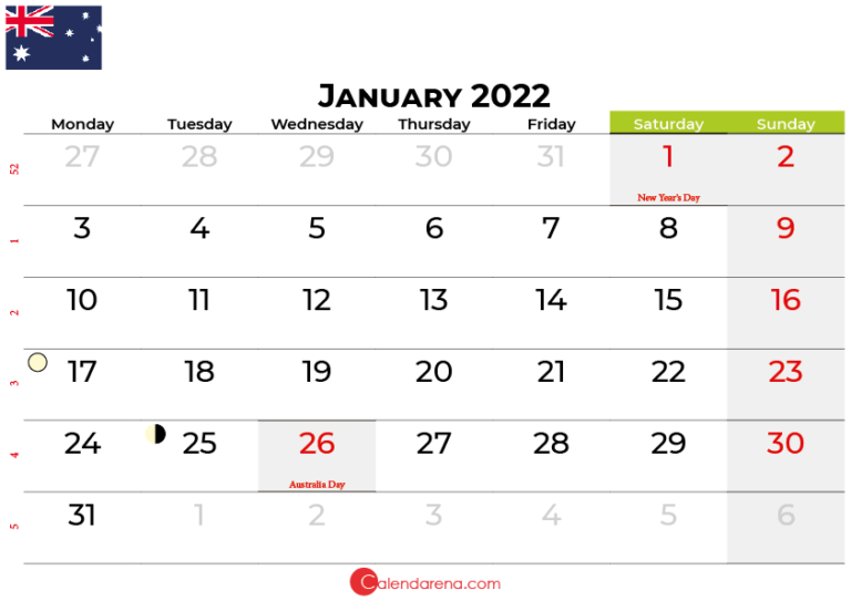 January 2022 Calendar Australia With Holidays  2022 Calendar Printable Saturday Start