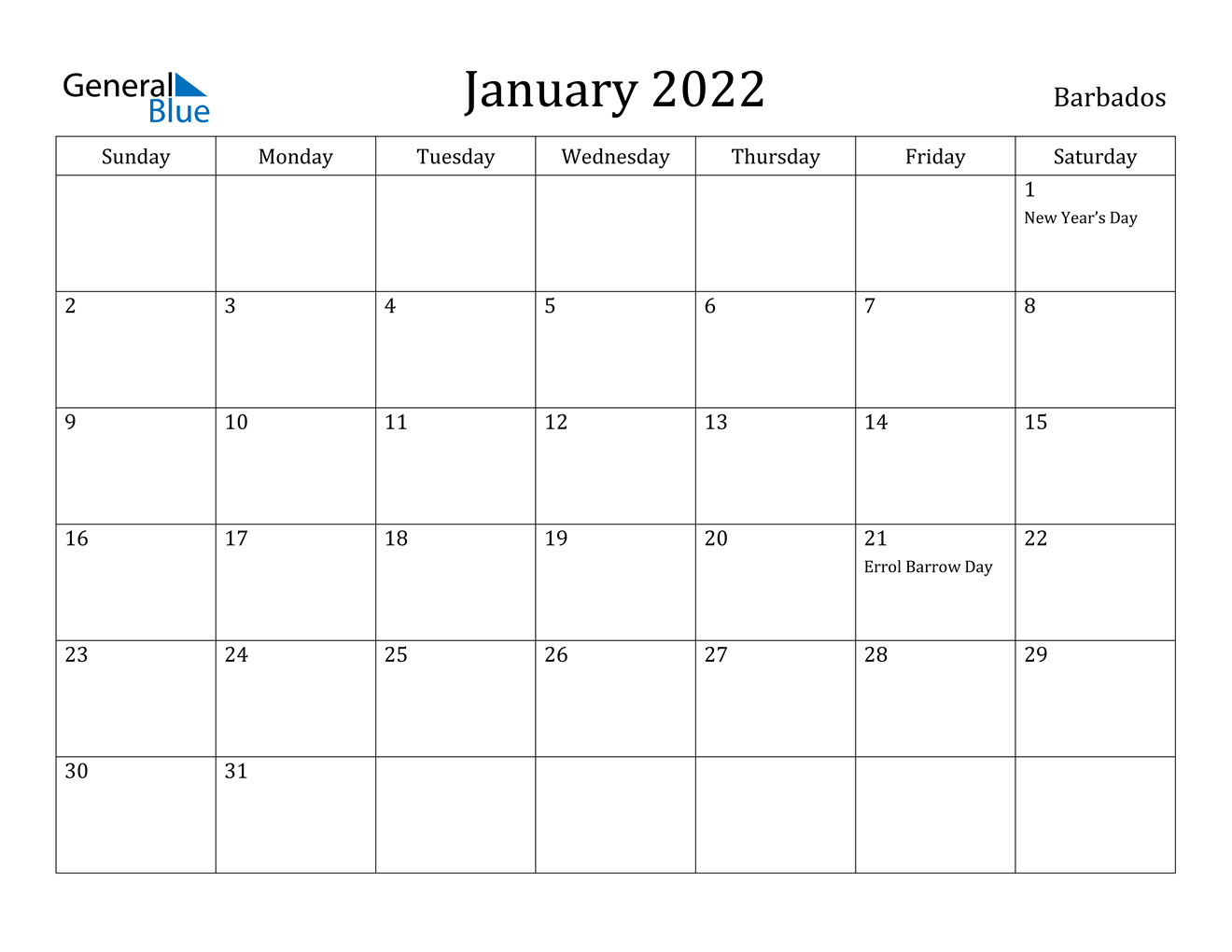 January 2022 Calendar - Barbados  Calendar 2022 Jan To Dec