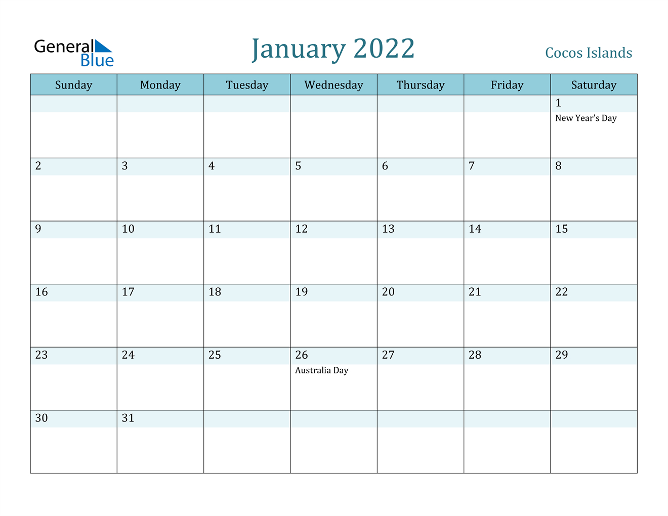 January 2022 Calendar - Cocos Islands  January To June 2022 Printable Calendar