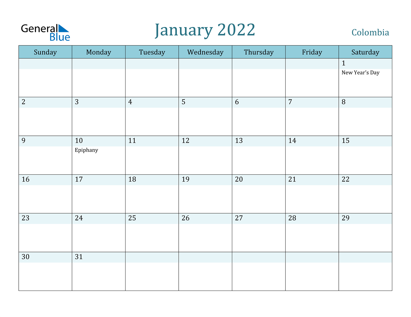 January 2022 Calendar - Colombia  Word Calendar For 2022