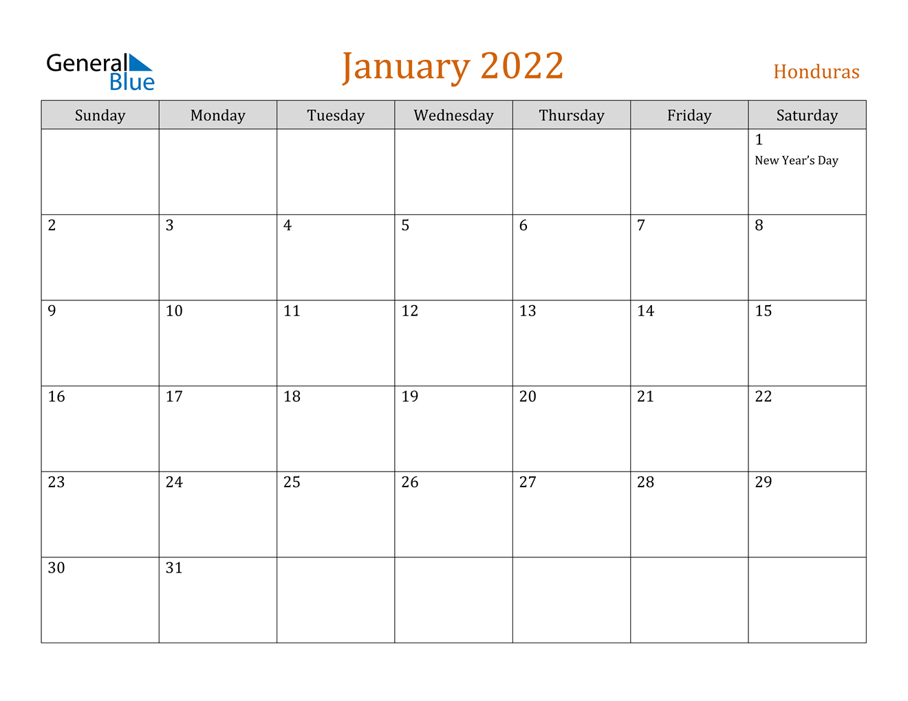 January 2022 Calendar - Honduras  November December January 2022 Calendar