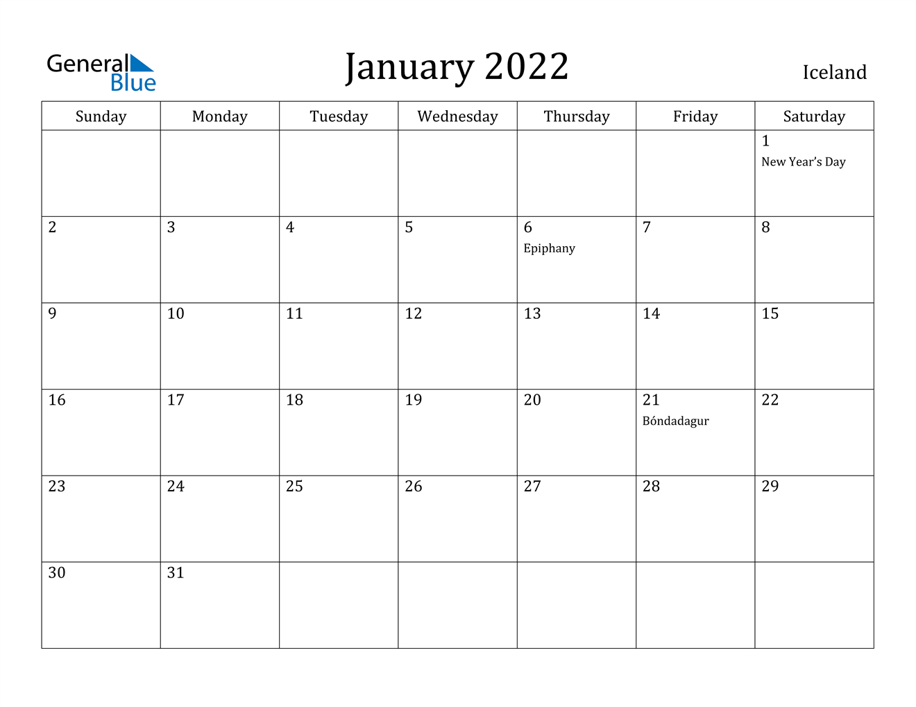 January 2022 Calendar - Iceland  2022 Calendar Printable Nz