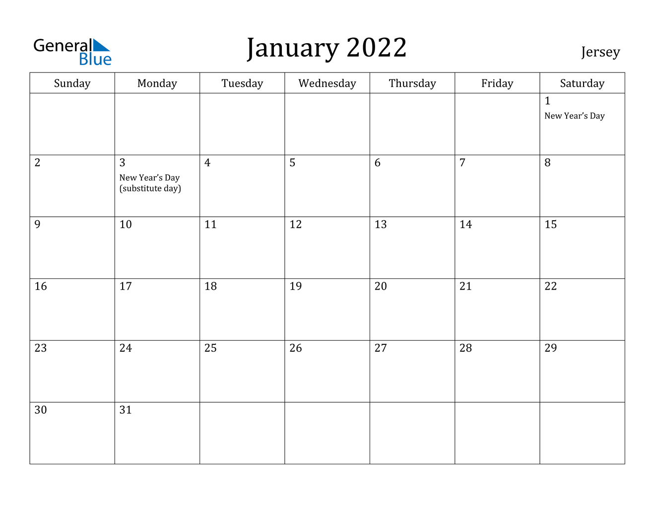 January 2022 Calendar - Jersey  Calendar Pages For 2022 To Print
