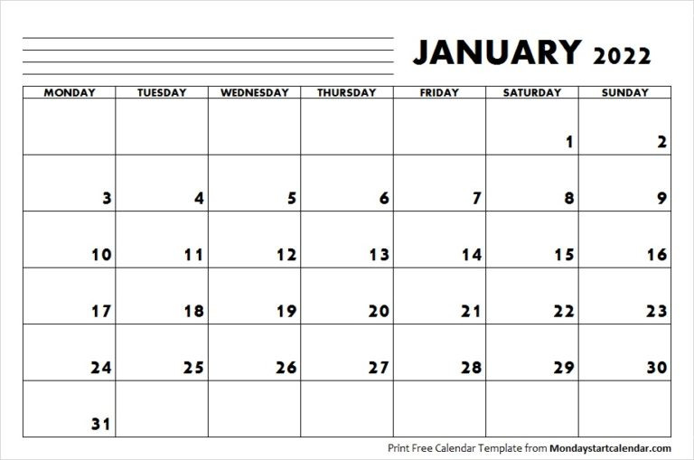January 2022 Calendar Monday Start | January Month Template  2022 Calendar Printable Start Monday
