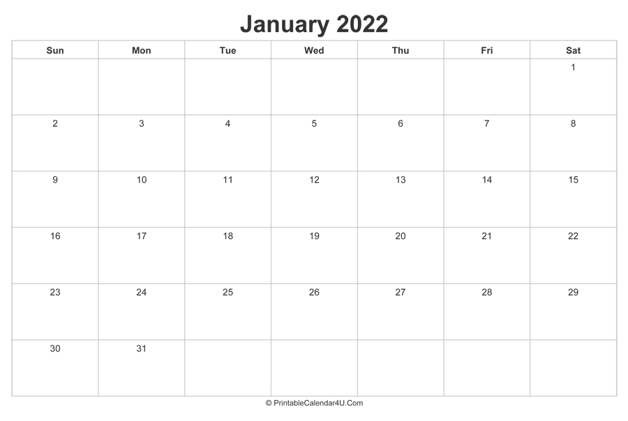 January 2022 Calendar Printable (Landscape Layout)  December 2022 To January 2022 Calendar