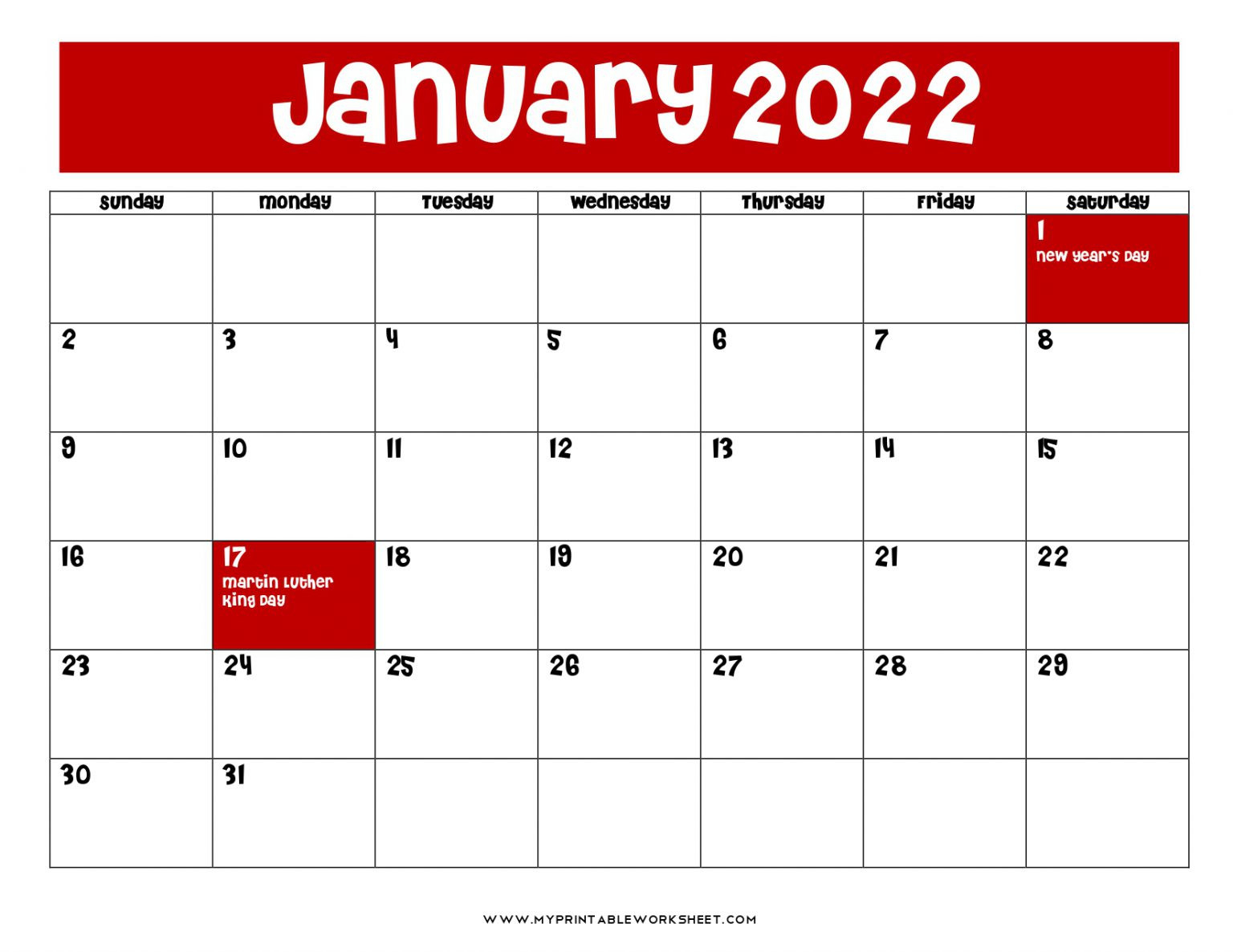 January 2022 Calendar Printable With Holidays, Blank, Pdf  January To June 2022 Printable Calendar