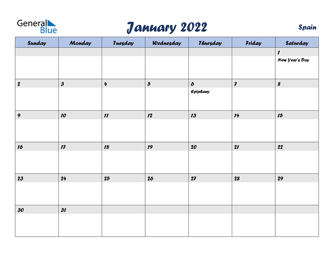 January 2022 Calendar - Spain  Calendar 2022 Jan To Dec