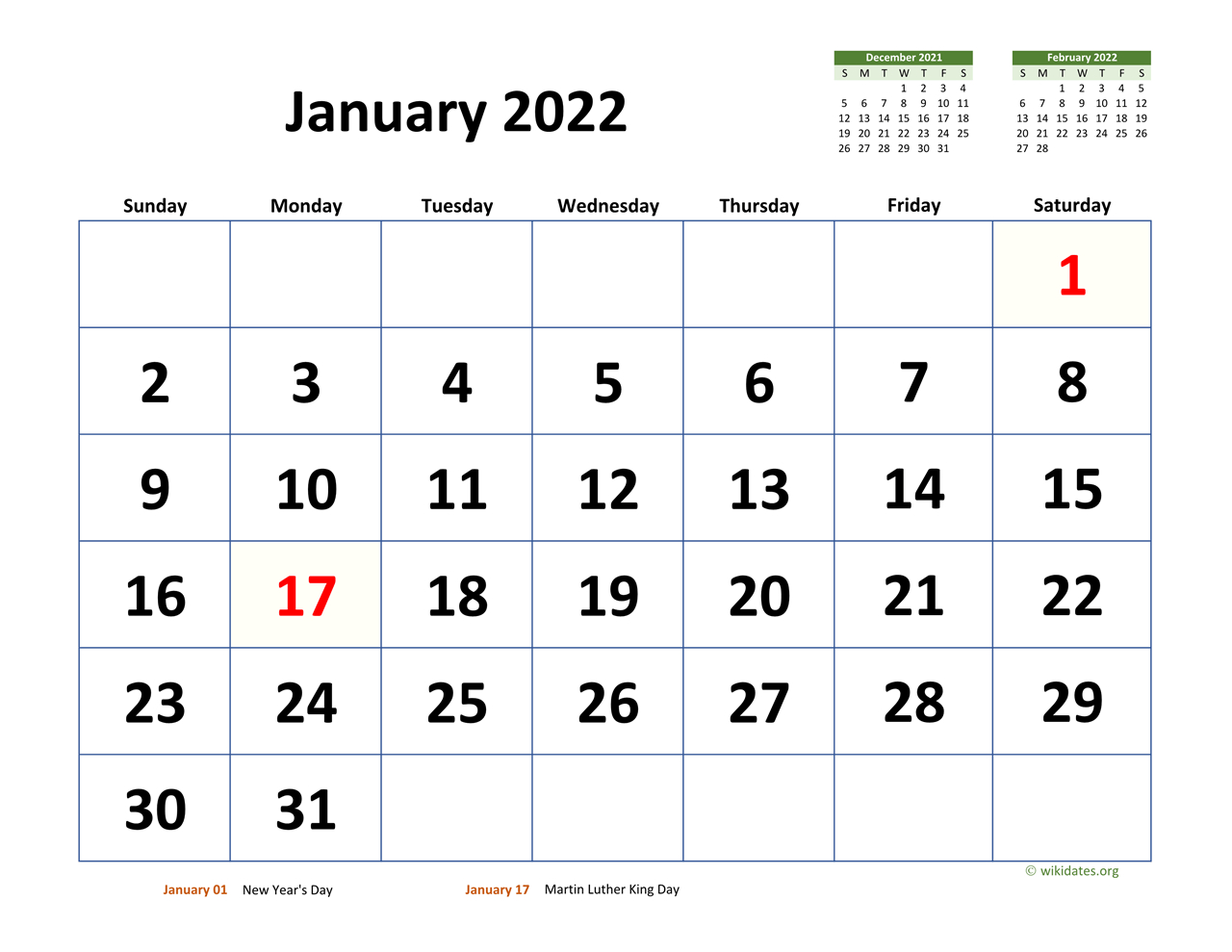 January 2022 Calendar With Extra-Large Dates | Wikidates  October 2022 To Jan 2022 Calendar