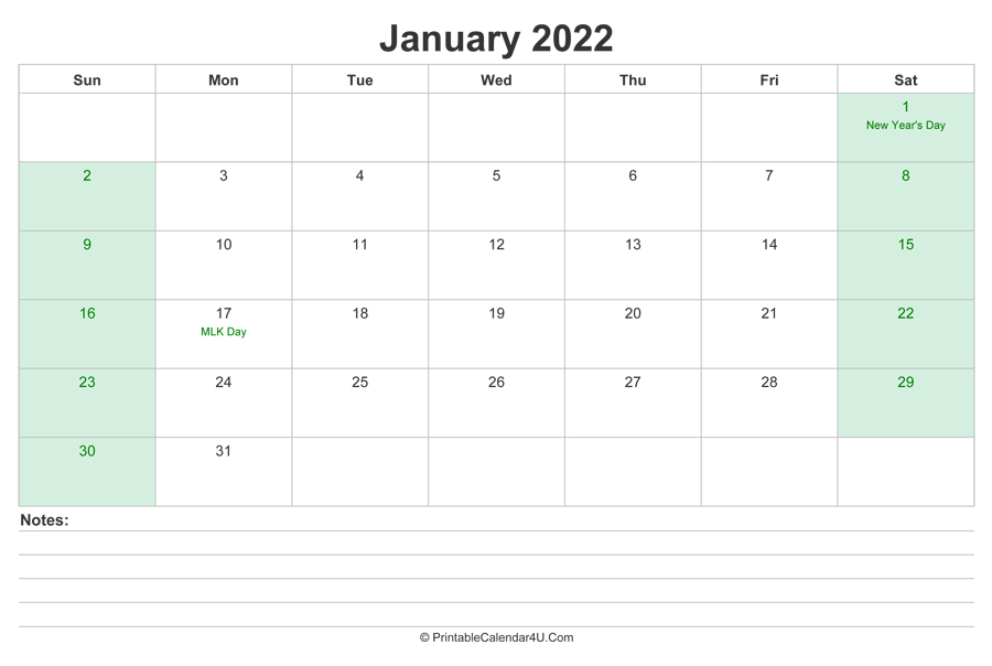 January 2022 Calendar With Us Holidays And Notes  Free Printable Calendar 2022 With Notes